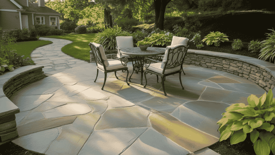 a peaceful patio with a stone path, seating area, and surrounding lush greenery, creating a relaxing outdoor space