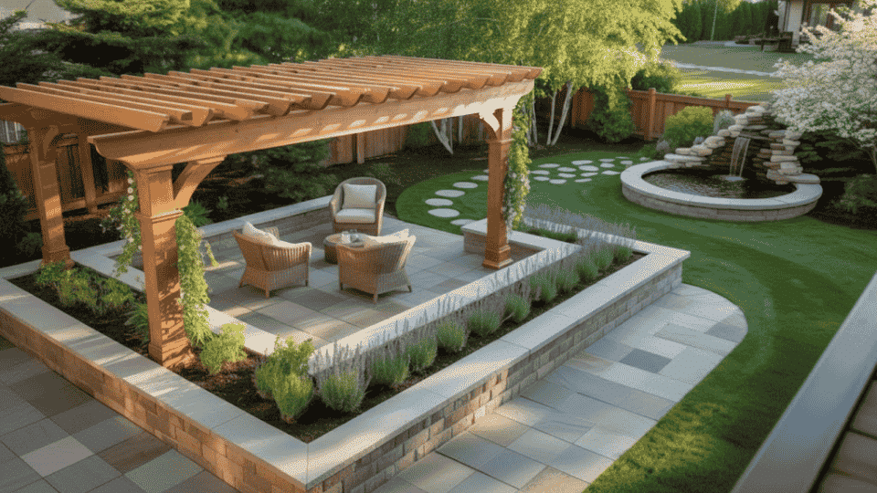 a serene backyard with a wooden pergola, seating area, stone pathway, lush green lawn, and a decorative water fountain