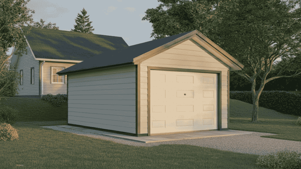 a simple, standalone garage with a white door, set on a gravel driveway, surrounded by green grass and trees
