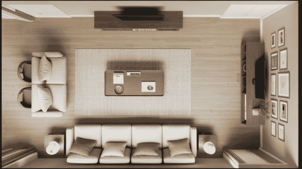 a top-down view of a cozy living room with a sofa, a coffee table, tv stand, and decorative wall art