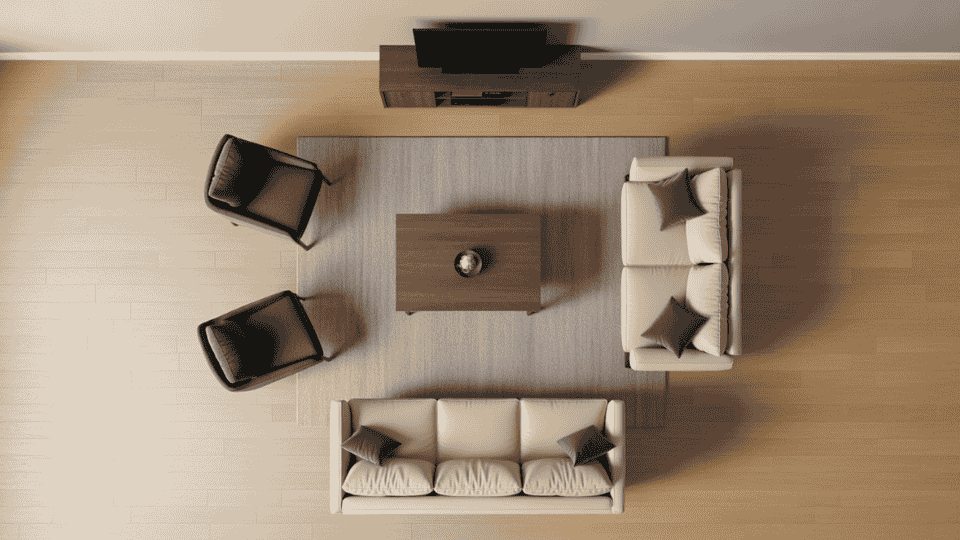 a top-down view of a modern living room with a beige sofa, dark armchairs, coffee table, and tv stand
