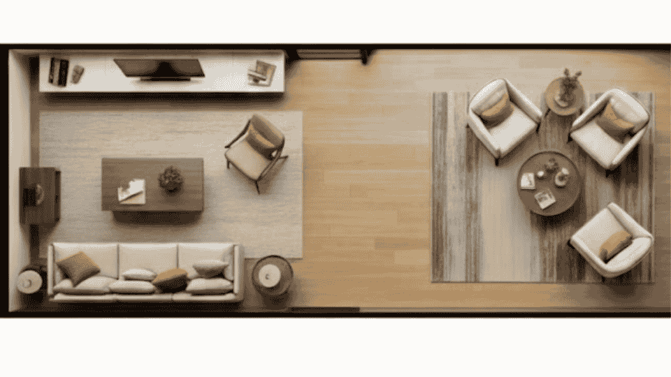 a top-down view of a modern living room with a sofa, coffee table, armchairs, and tv stand arranged in a spacious layout