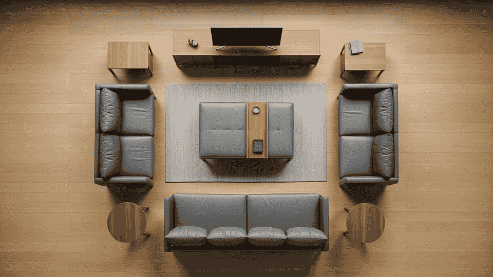 a top-down view of a modern living room with two gray sofas, a tv stand, coffee table, and wooden side tables