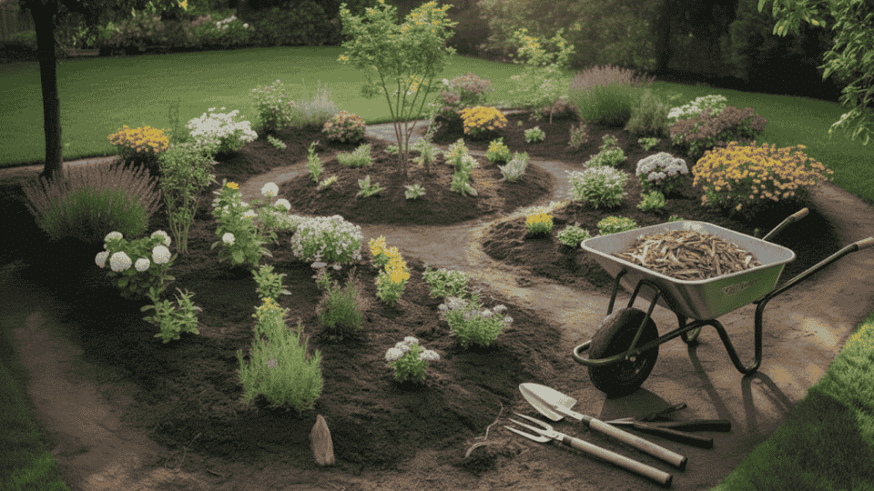 a well-planted garden with flower beds, paths, mulch, and gardening tools, plants, a wheelbarrow, and green grass
