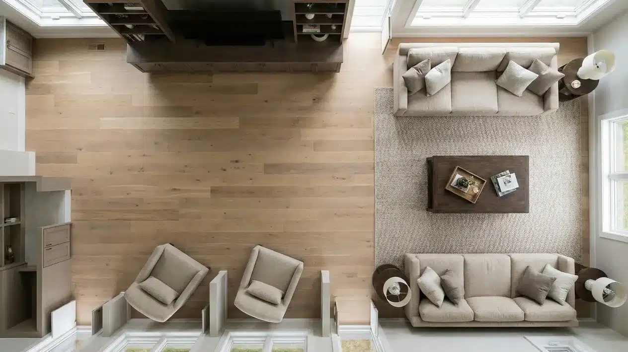 an overhead view of a cozy living room with a beige sofa, coffee table, armchairs, wooden floor, and natural lighting