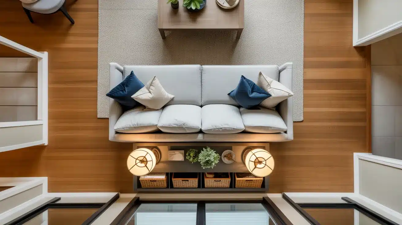 an overhead view of a living room with a light sofa, decorative pillows, a coffee table, and storage with baskets