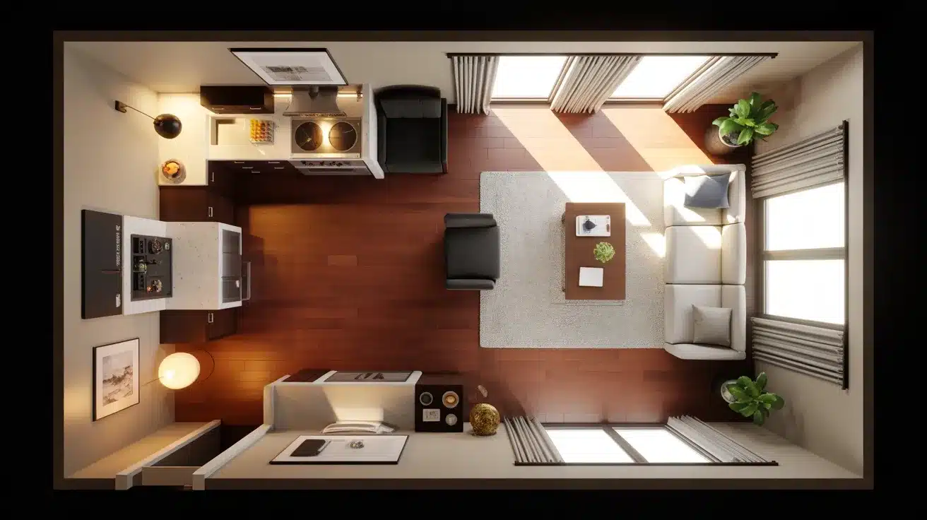 an overhead view of a modern living space with a kitchen, cozy seating area, coffee table, and natural light