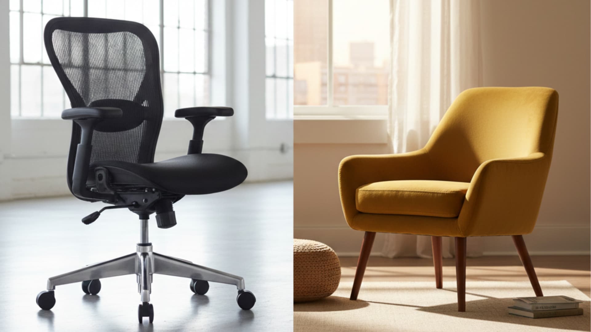 a sleek black ergonomic office chair in a studio and a yellow velvet armchair in a home