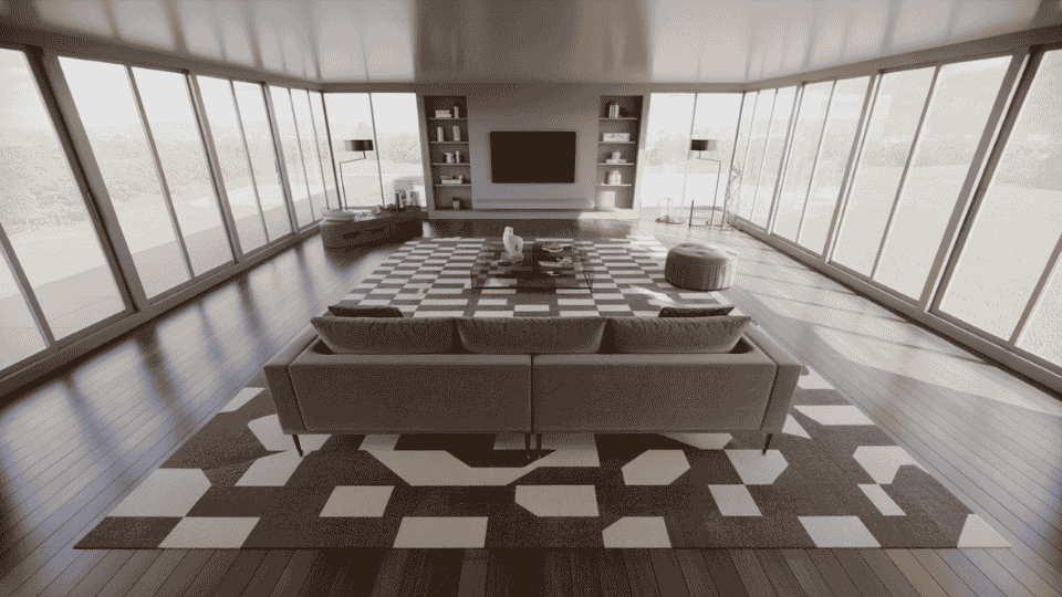 a spacious living room with large windows,wooden floors,and a geometric patterned rug beneath a modern sofa