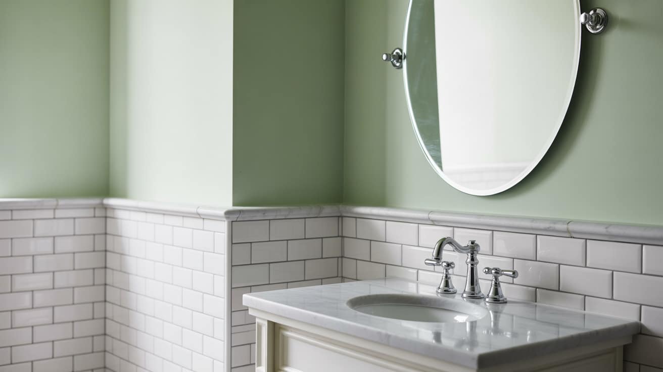 bathroom vanity with white marble countertop, chrome faucet, round mirror, light green walls, and subway tile backsplash