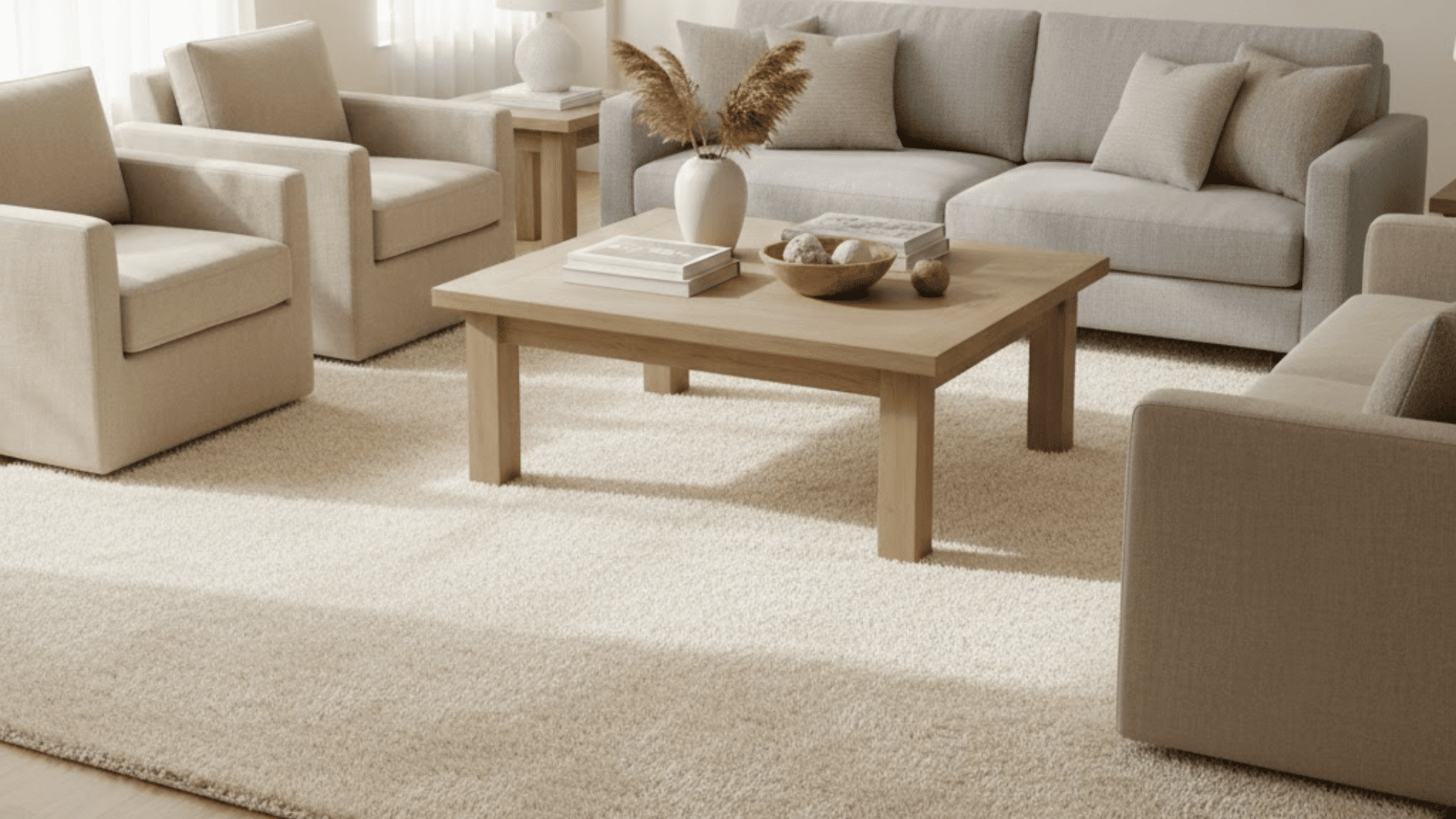 cozy living room With a large neutral area rug