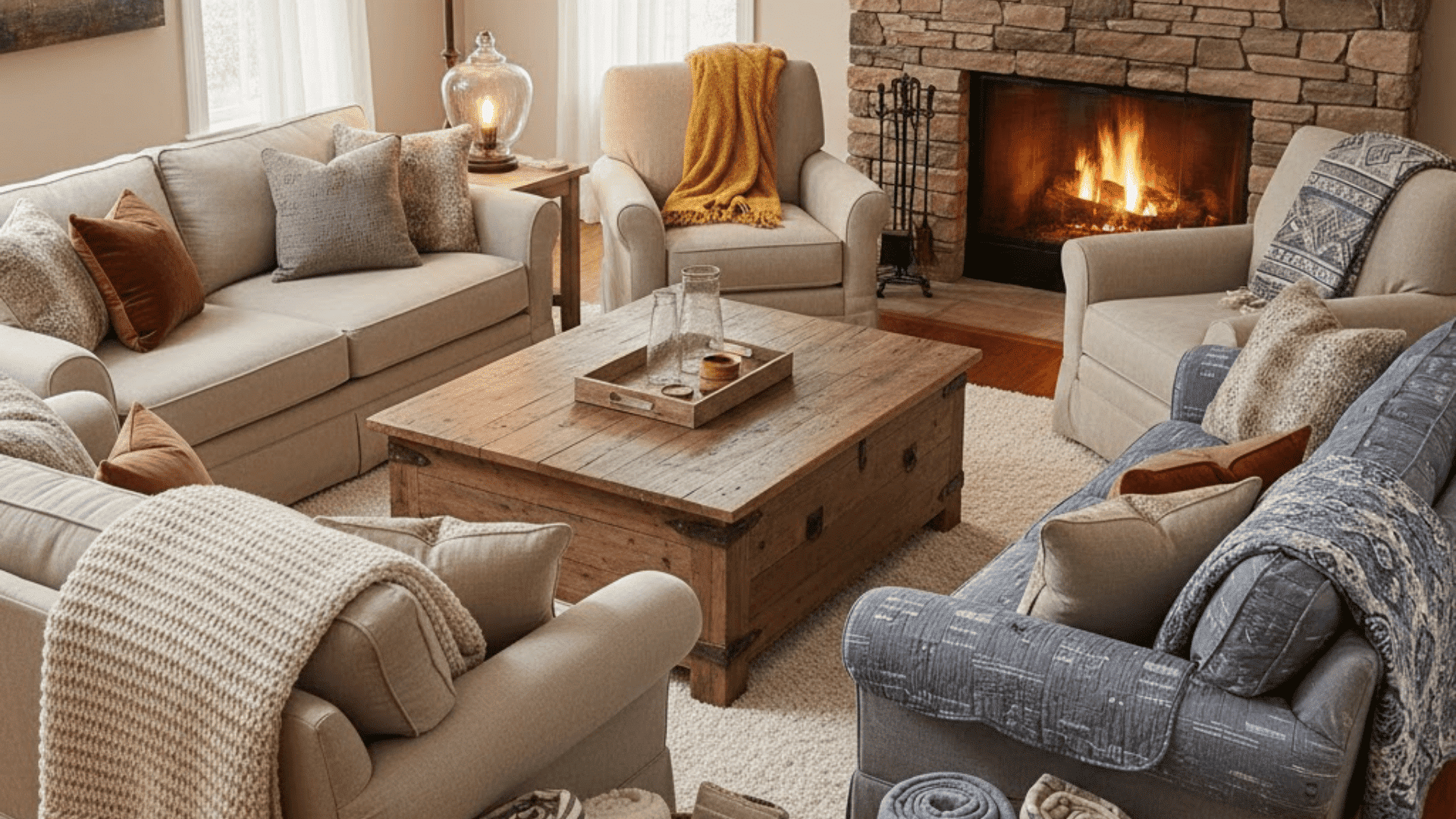 cozy living room With layered throw blankets