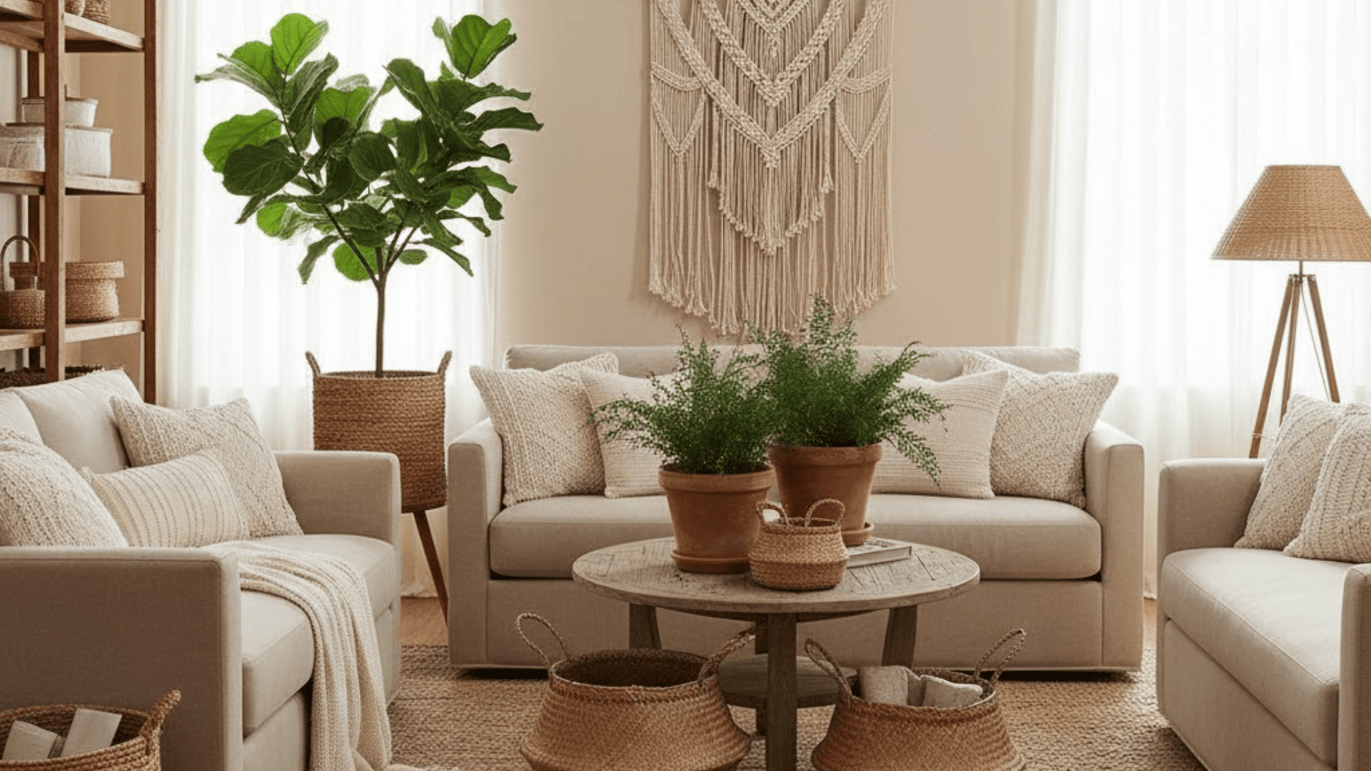 cozy living room With natural fiber decor
