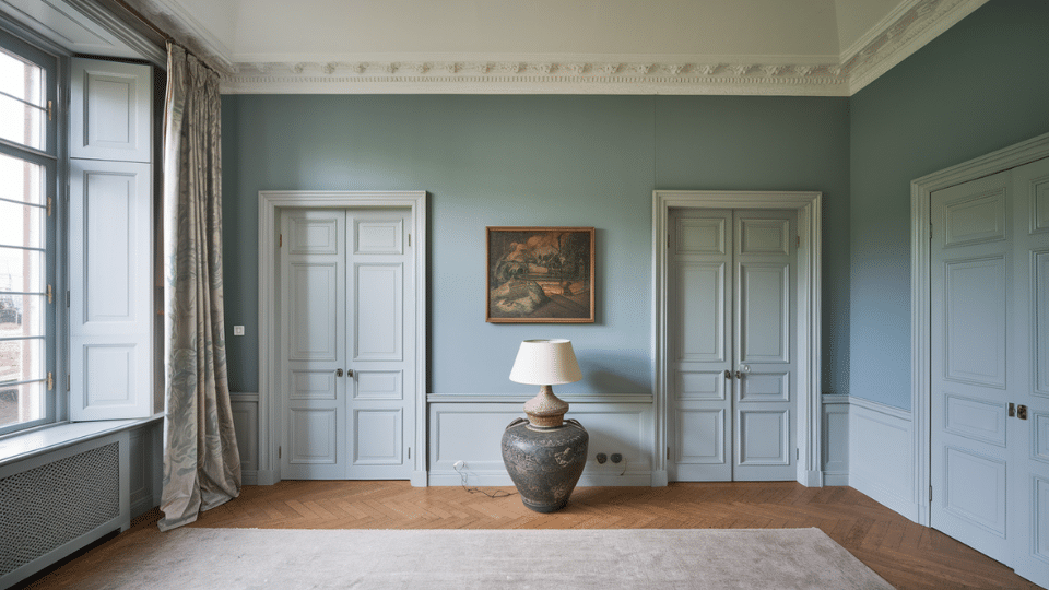 dusty blue walls paired with soft gray trim