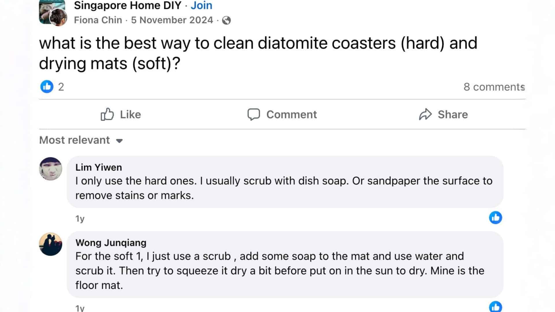 facebook post showing community advice on how to clean a stone bath mat.