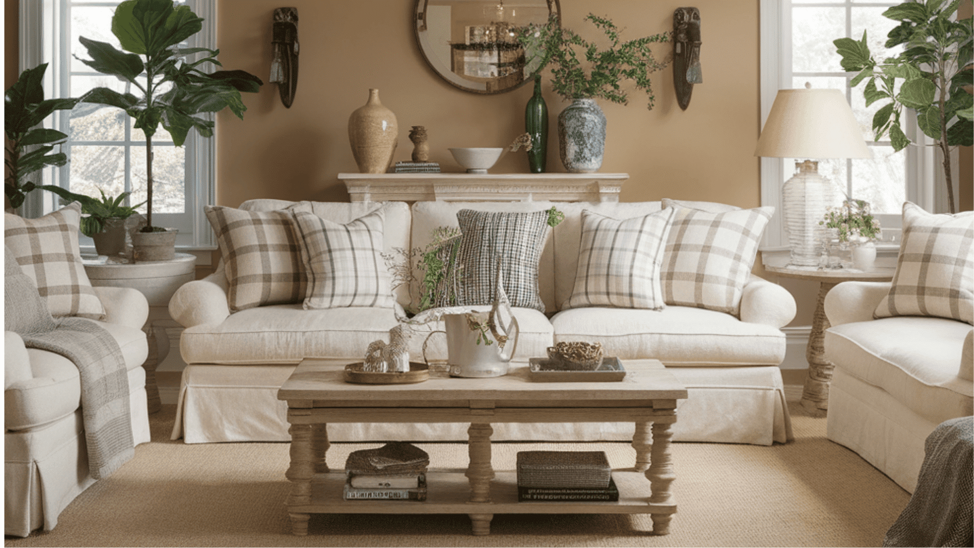 farmhouse living room With soft checked textiles