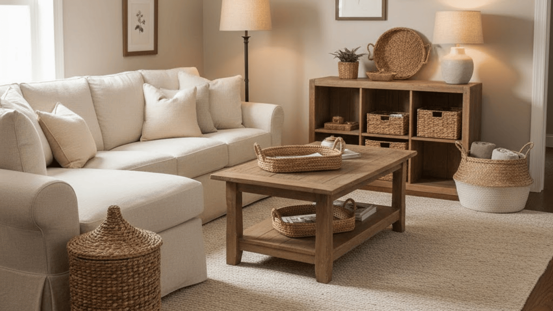 farmhouse living room With woven baskets