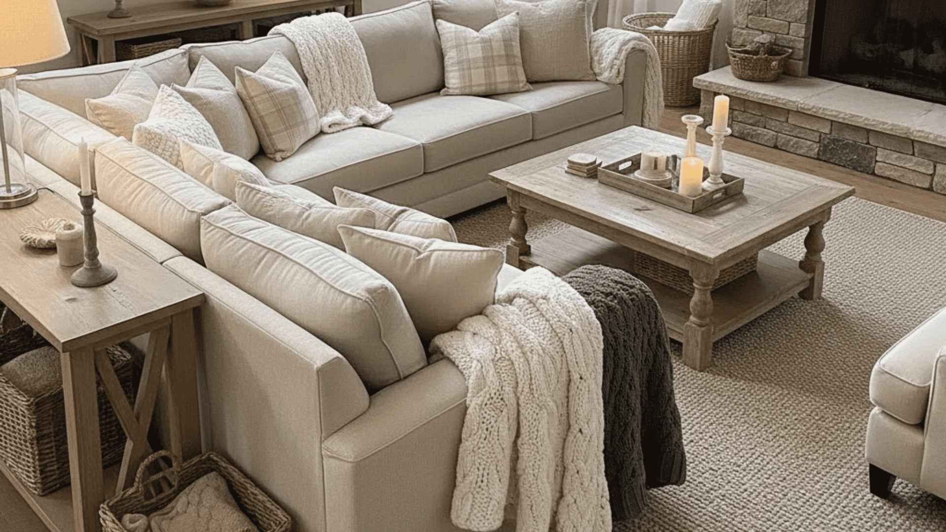 farmhouse living room with a soft neutral sectional