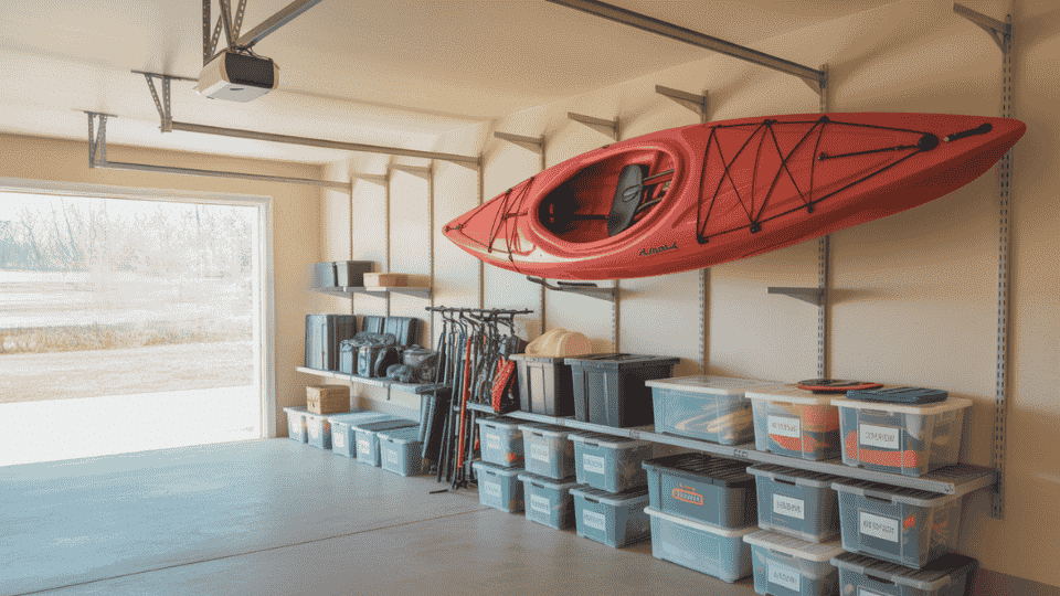 garage with a hanging bike and kayak, neatly organized shelving below with labeled bins and outdoor equipment storage