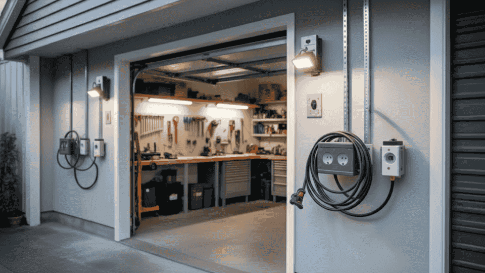 garage with a workbench, tool storage, and electrical outlets, featuring overhead lights and a clean concrete floor