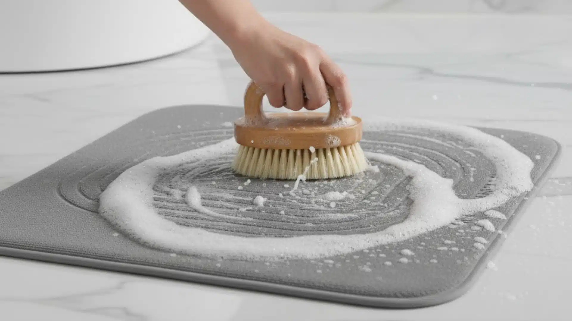 hand scrubbing a gray stone bath mat with a wooden brush and soapy foam on a marble floor.