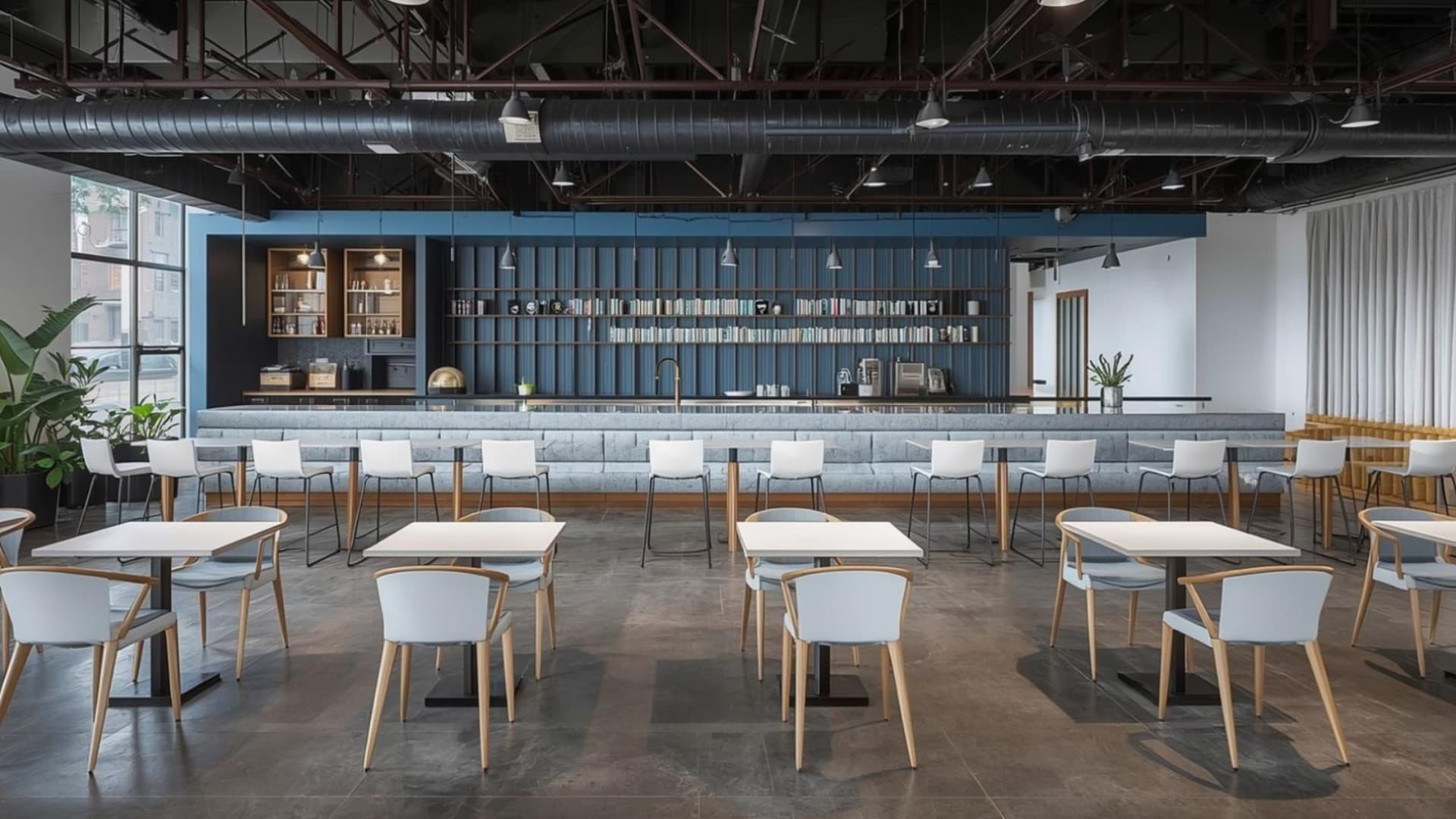 industrial-style dining area featuring rows of white chairs, light-topped tables, a long blue counter, and exposed ceiling ductwork