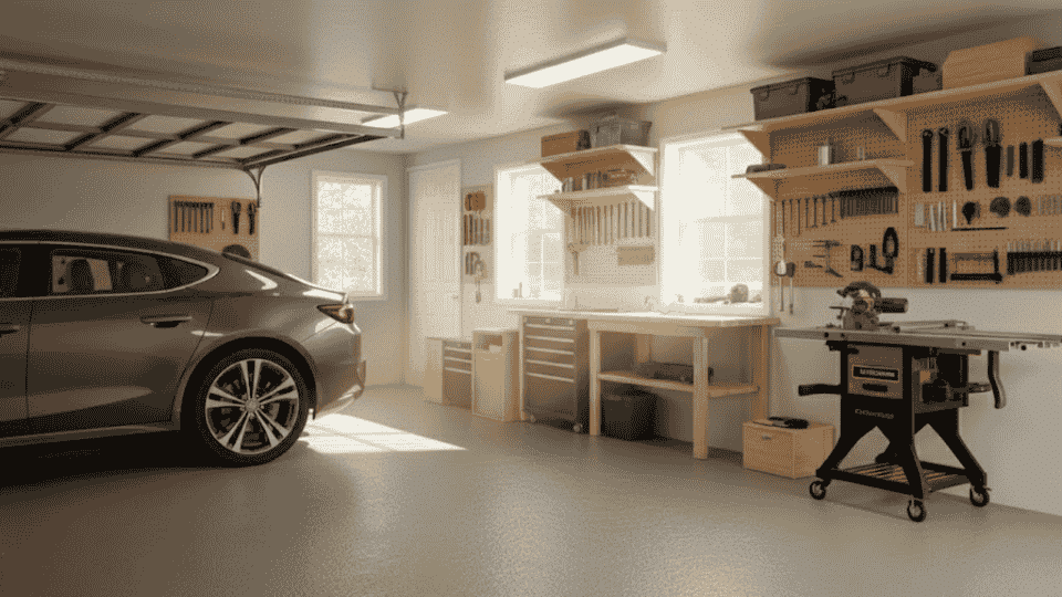 interior of a well-organized garage with a car, workbench, tool storage, and a saw on a pegboard wall
