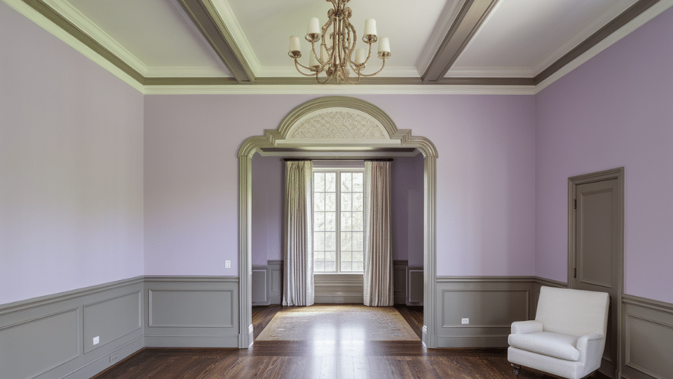 lavender gray walls paired with stone taupe trim