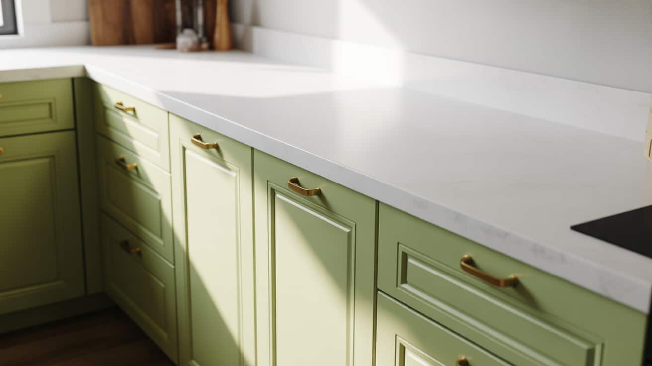 light green kitchen cabinets with brass handles and white countertop, illuminated by natural sunlight