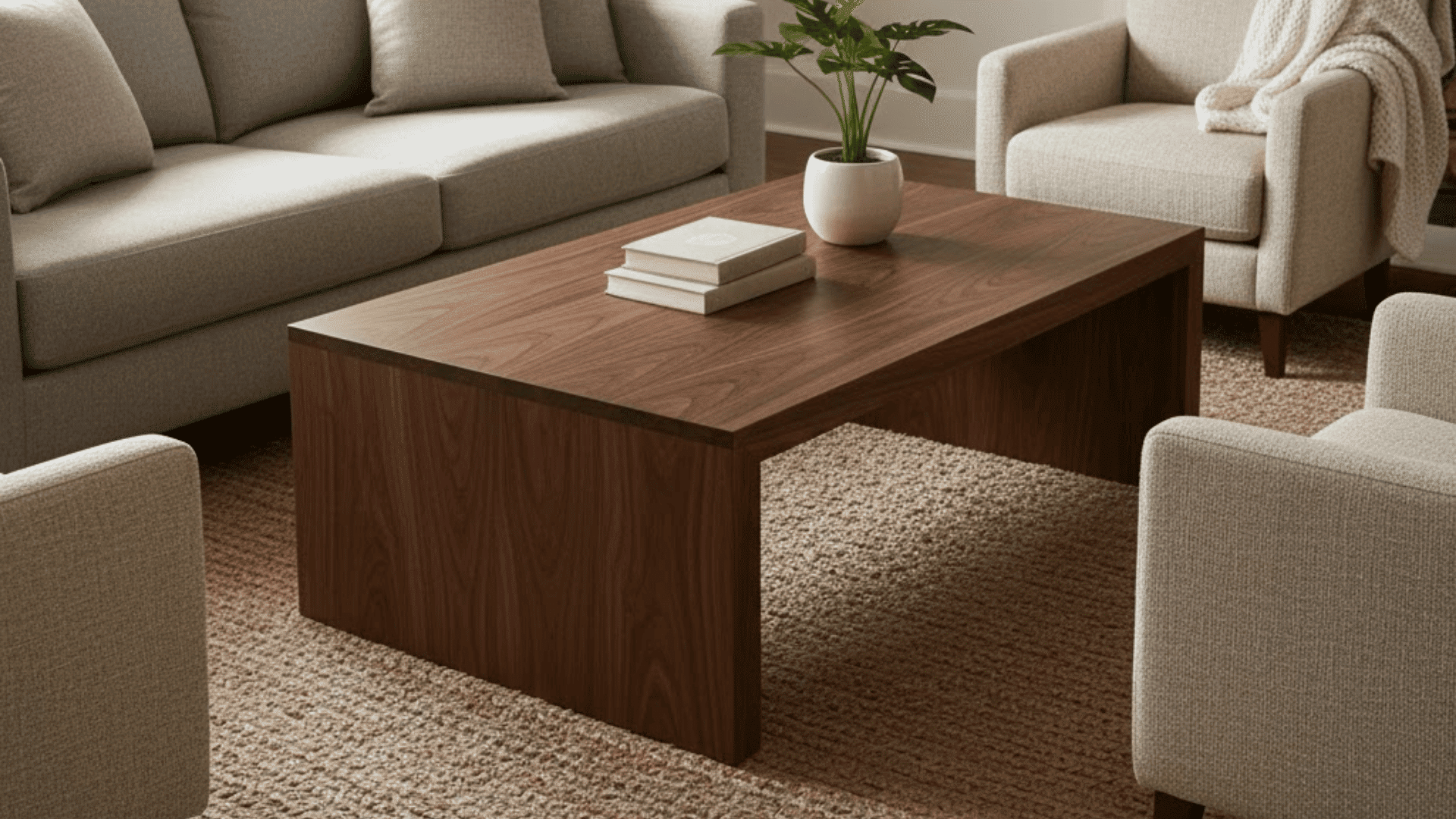 living room With a warm wood coffee table