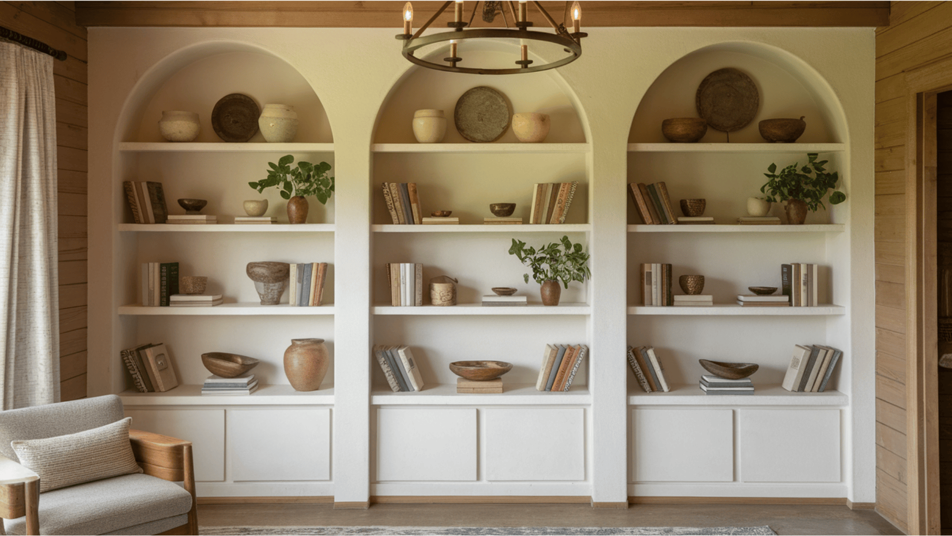 living room With warm neutral built in shelves