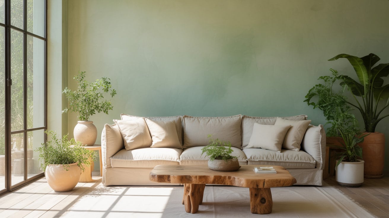 living room with sofa, wooden coffee table, green accent wall, and large potted plants near tall window