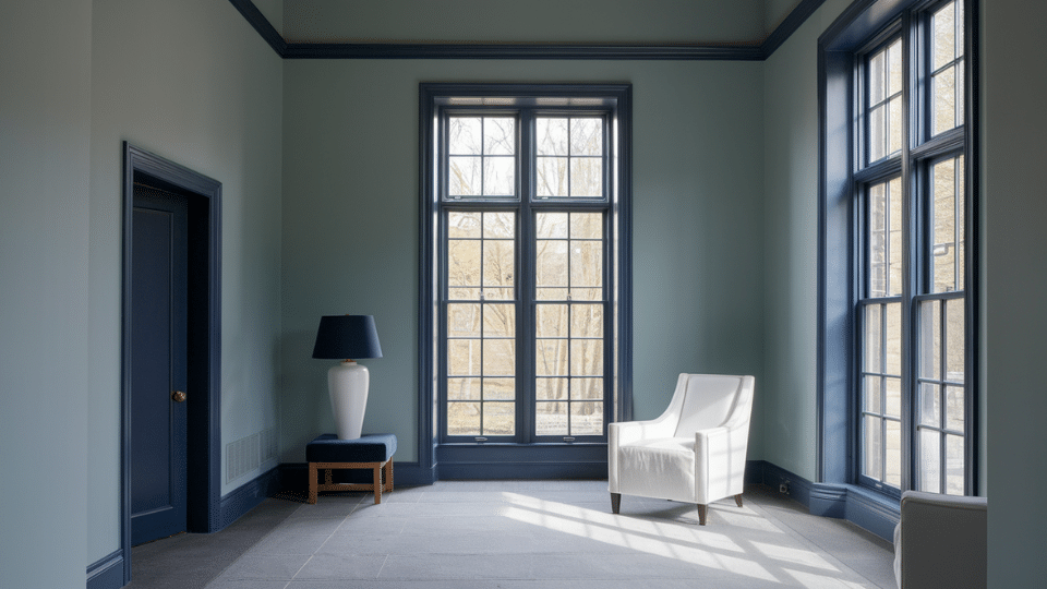 misty blue gray walls paired with navy trim