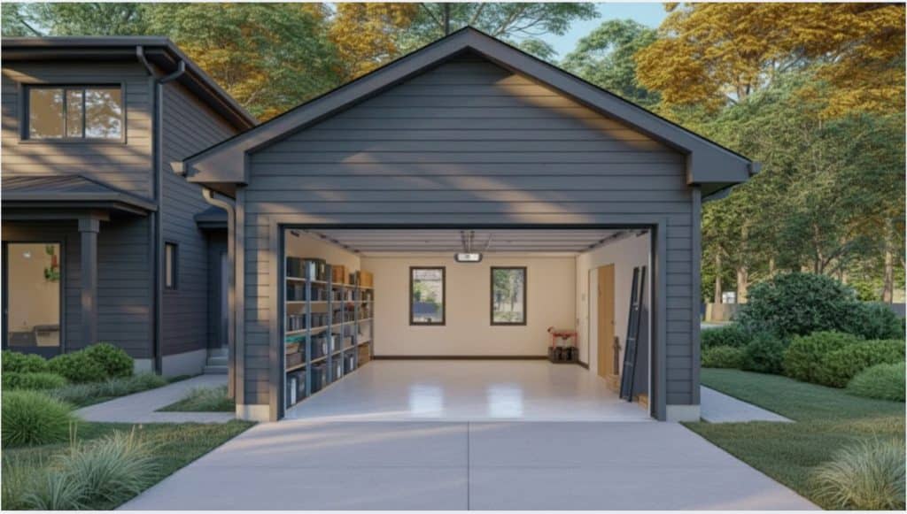 modern garage with organized shelving, a clean interior, and a window, surrounded by green landscaping and a paved driveway