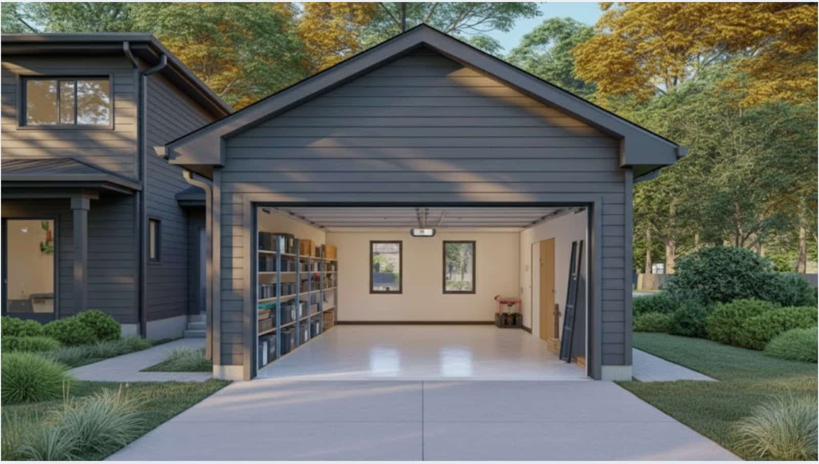 modern garage with organized shelving, a clean interior, and a window, surrounded by green landscaping and a paved driveway