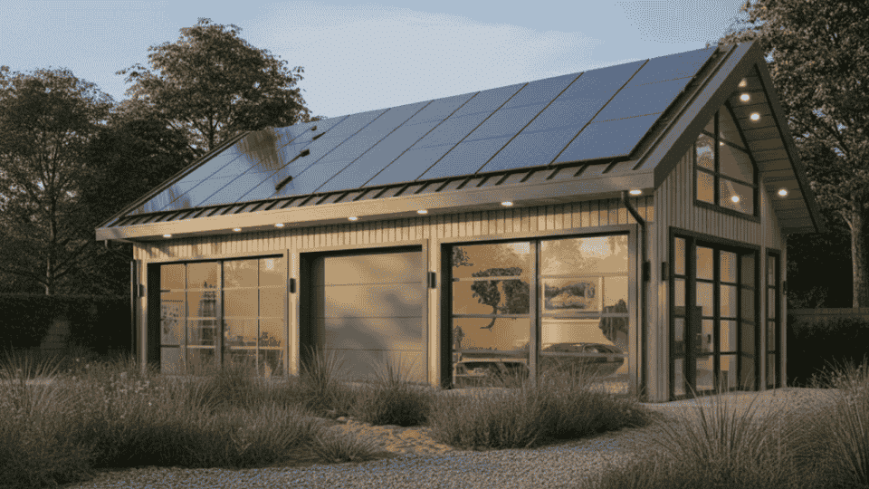 modern garage with solar panels, large windows, and a sleek design, surrounded by greenery and gravel landscaping