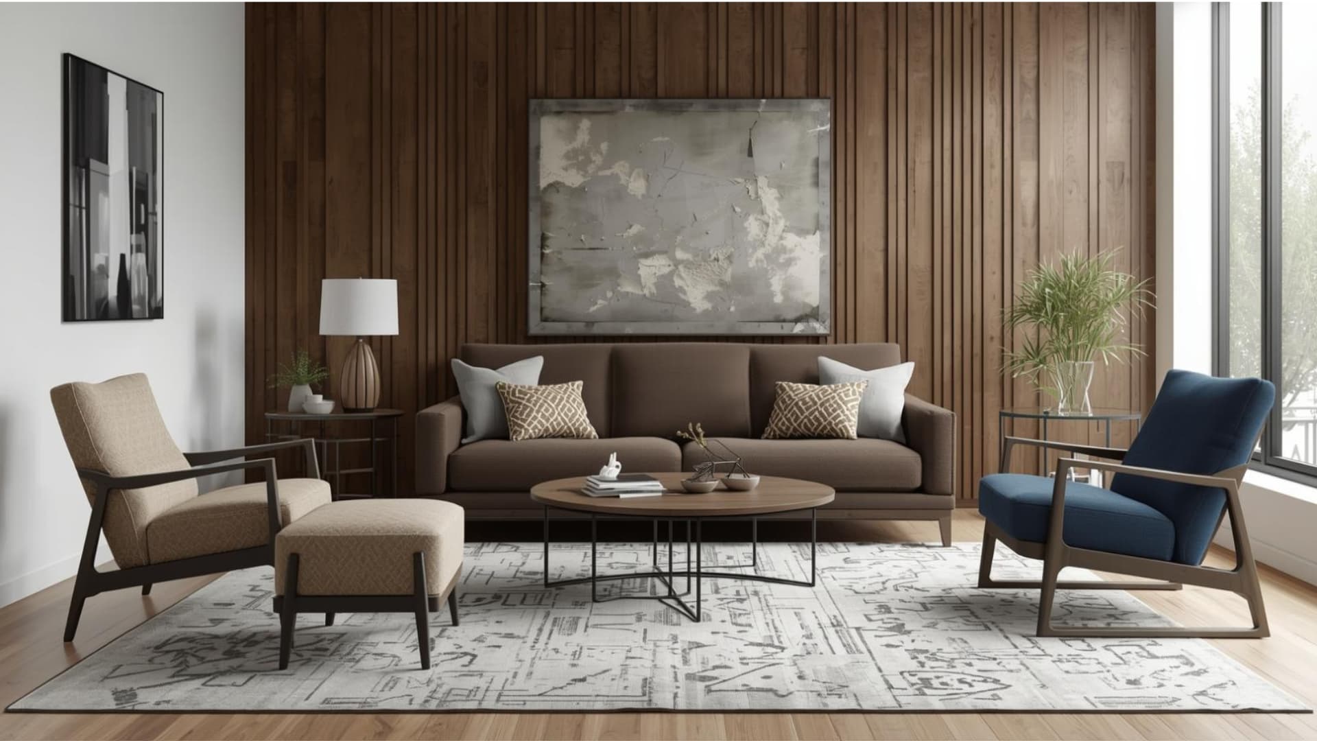 modern living room with wood-paneled walls, featuring a brown sofa and contrasting armchairs arranged for a cozy conversation area