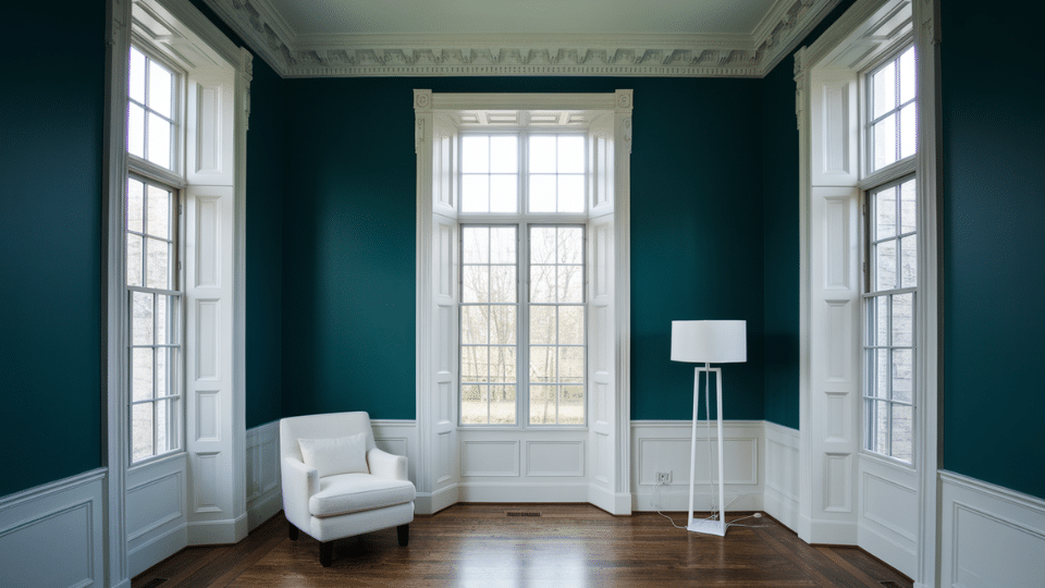 moody teal walls and bright white trim