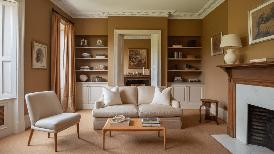 muted mustard walls paired with warm white trim