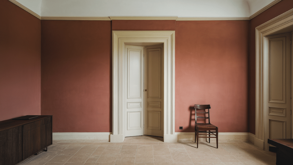 muted terracotta walls with cream trim