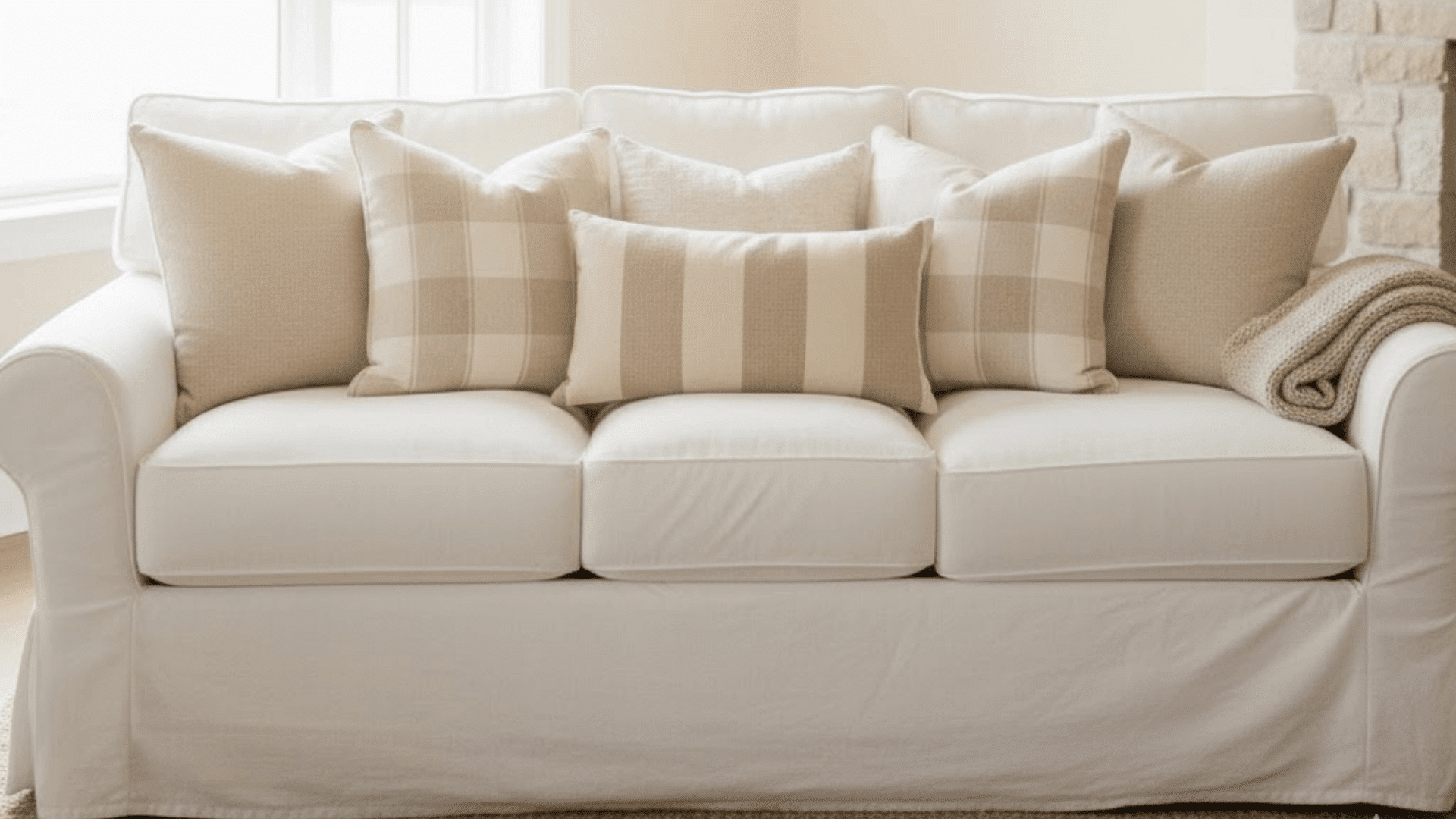 neutral living room With soft patterned pillows