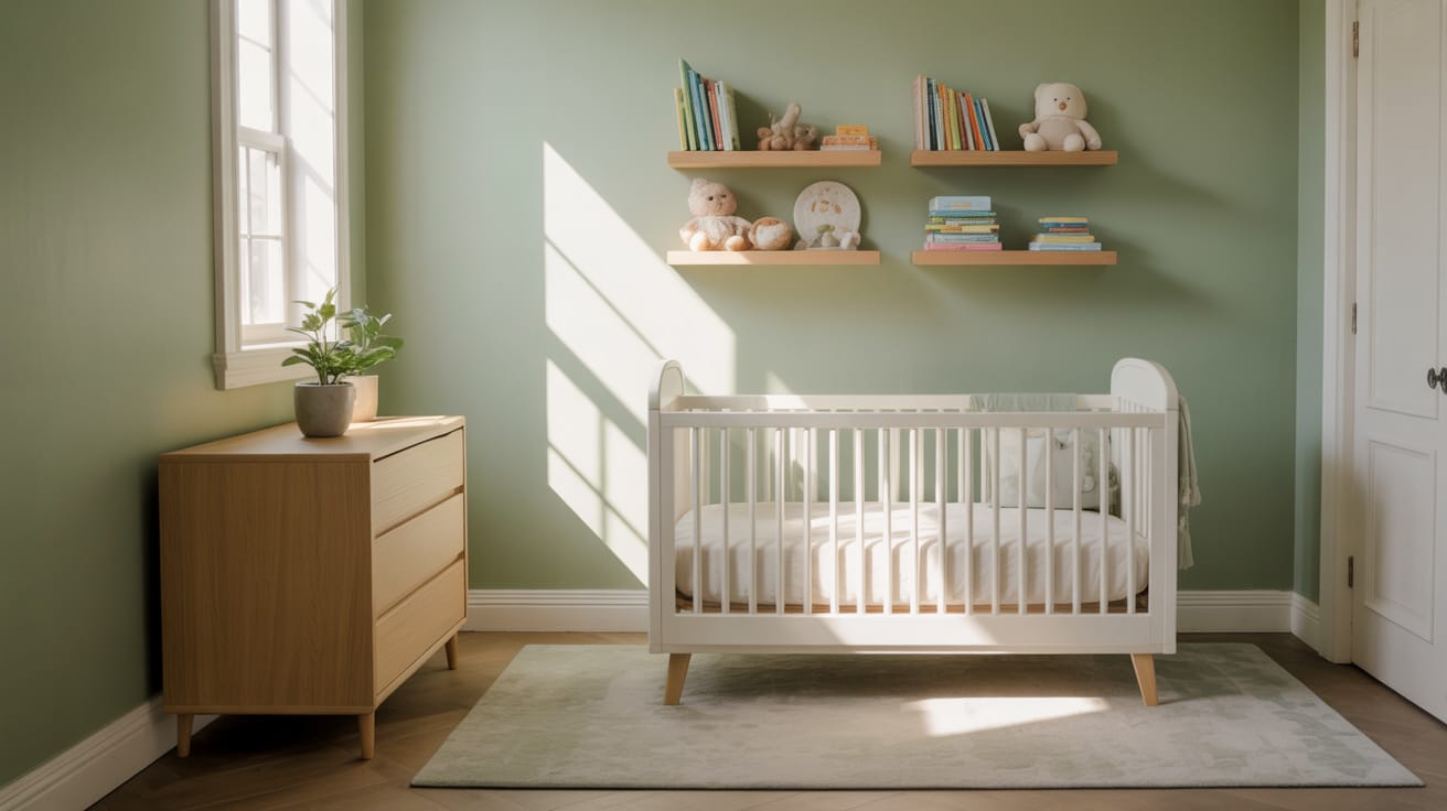 nursery with soft green walls, whitecrib, wooden dresser, floating shelves with books and plush toys