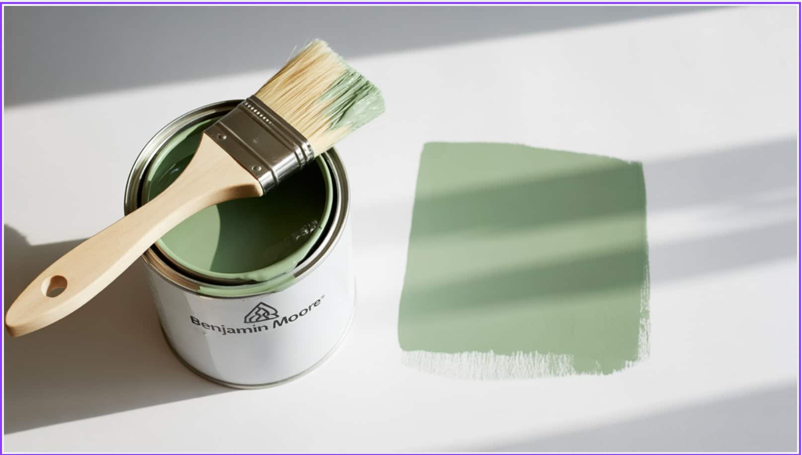 open paint can with soft green paint, brush resting on top, and matching color swatch painted on white surface