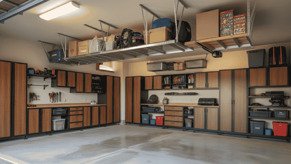 organized garage with wooden cabinets, shelves, and storage bins, including overhead storage, tools, and a clean floor