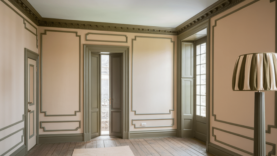 pale putty walls with deep olive trim