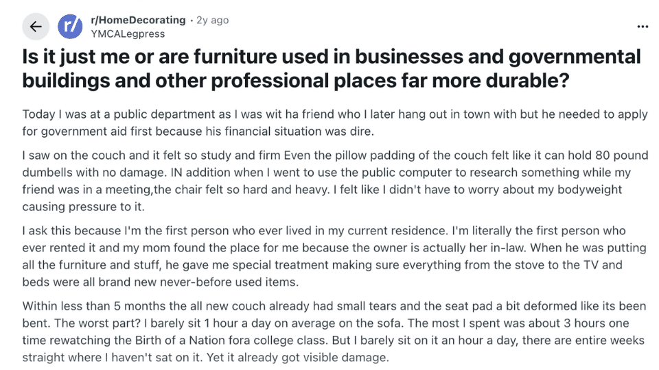 reddit post discussing durability of commercial furniture versus residential furniture in public spaces