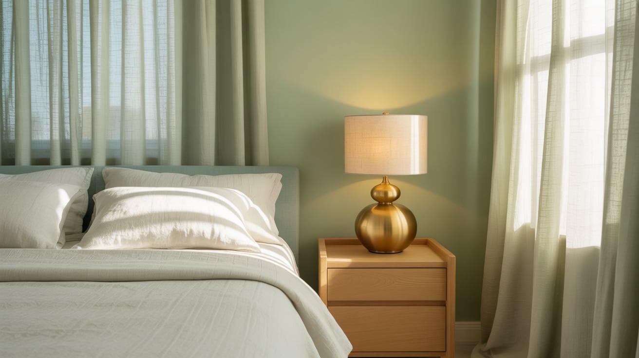 soft green bedroom with a cozy bed, warm table lamp on wooden nightstand, and sheer curtains letting in sunlight