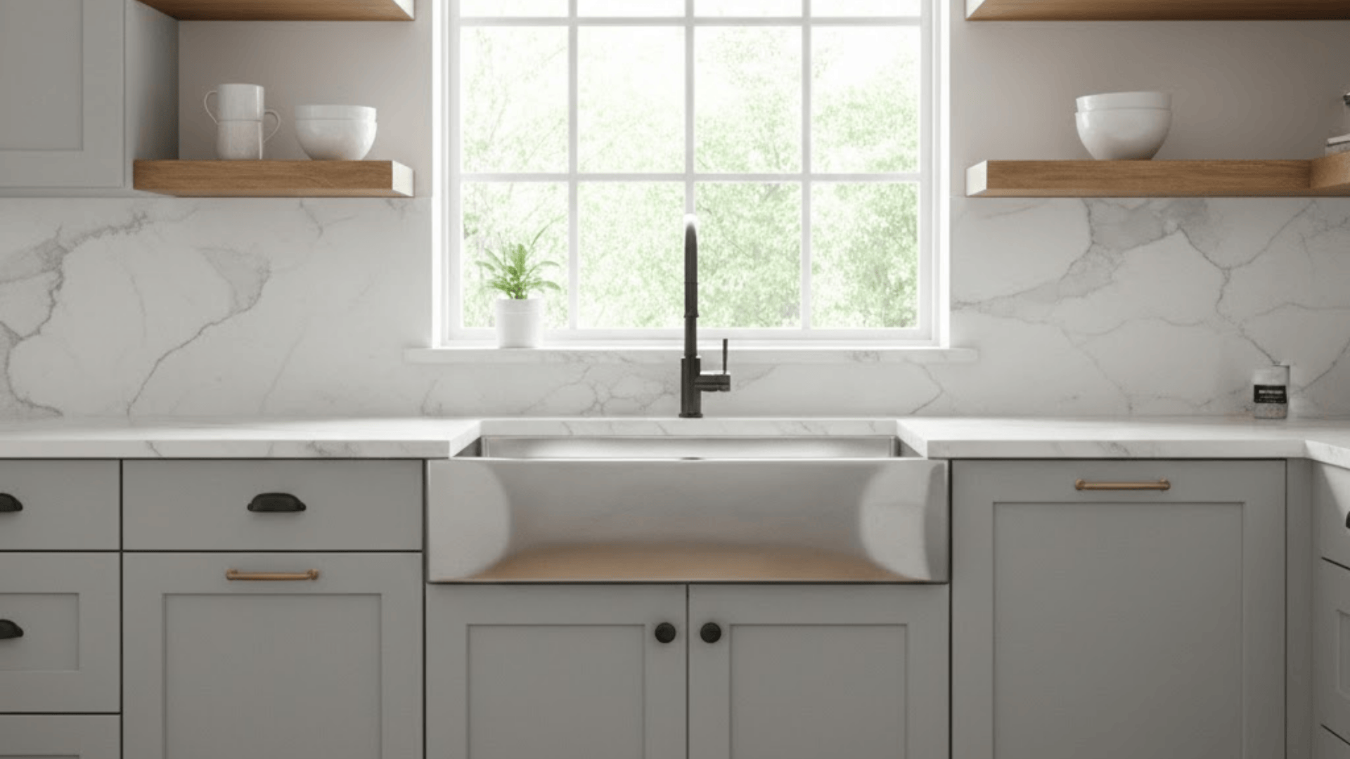 transitional look kitchen apron sink
