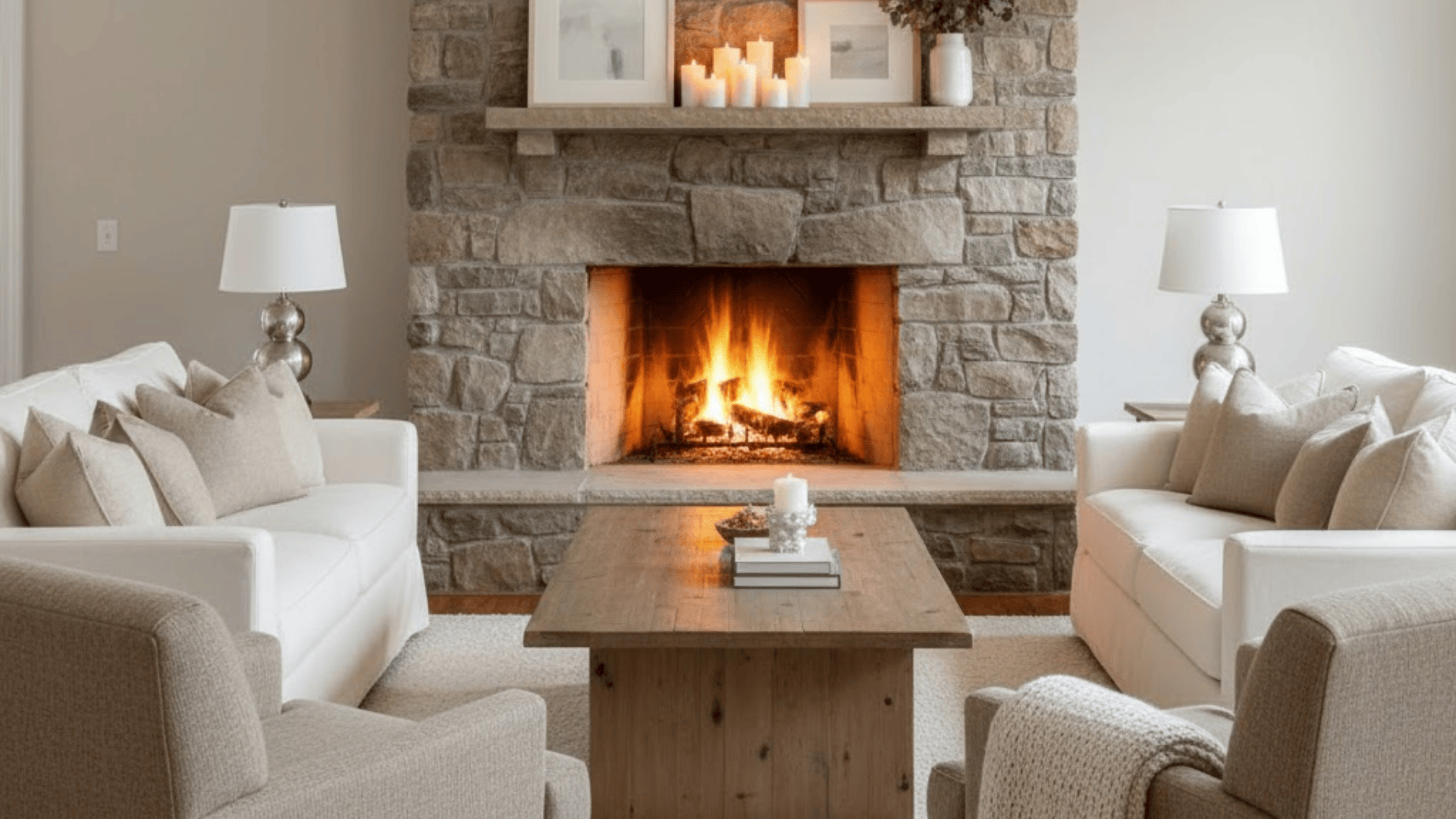 warm aesthetic living room with a fireplace focus