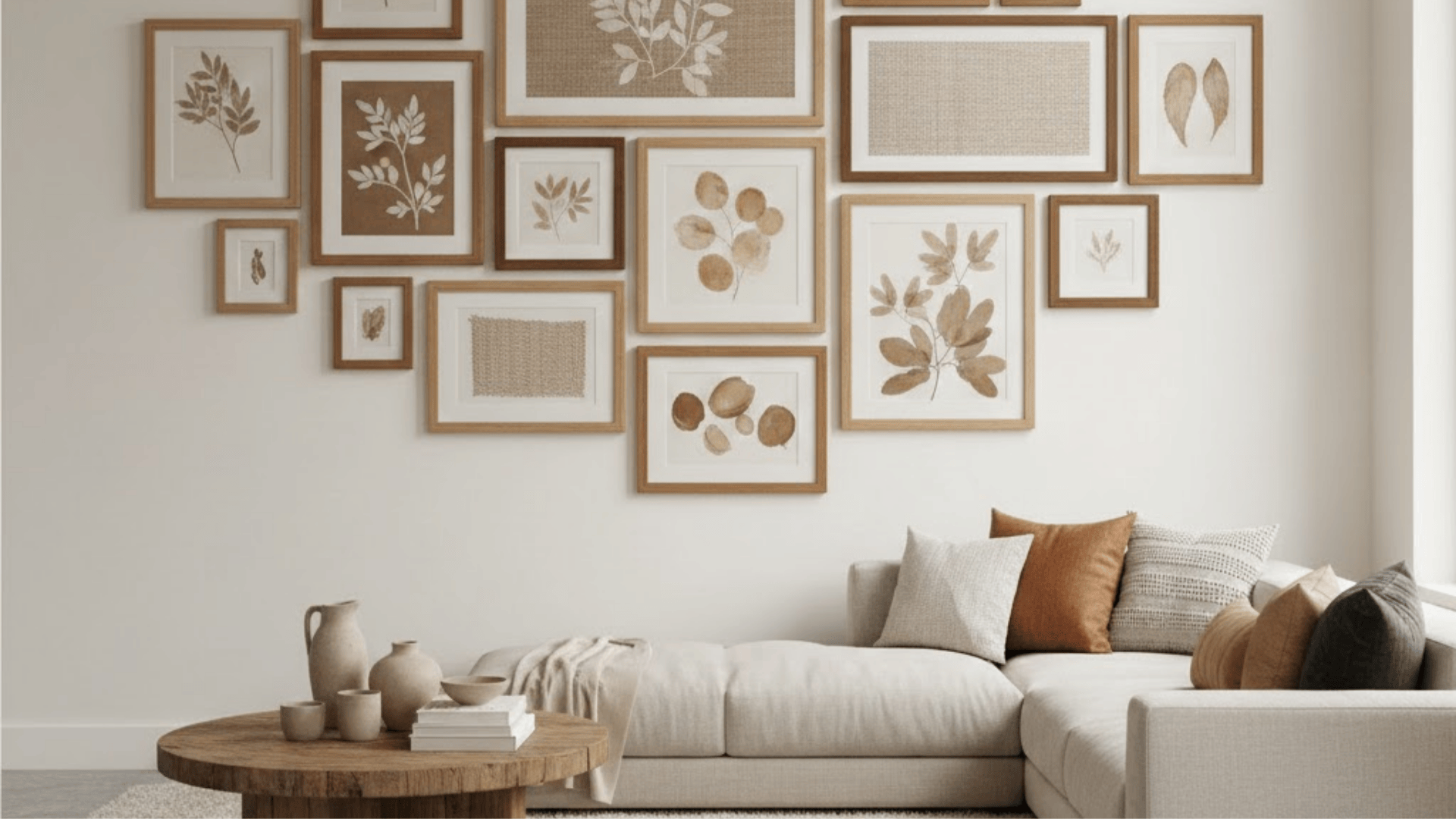 warm living room with a neutral gallery wall